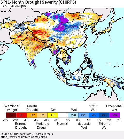 Asia SPI 1-Month Drought Severity (CHIRPS) Thematic Map For 2/1/2023 - 2/28/2023
