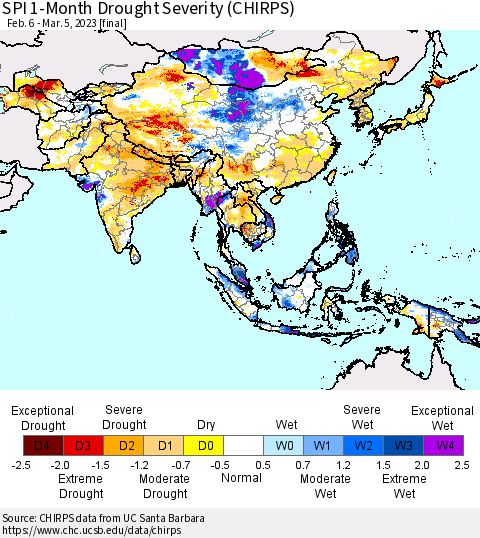 Asia SPI 1-Month Drought Severity (CHIRPS) Thematic Map For 2/6/2023 - 3/5/2023