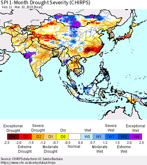 Asia SPI 1-Month Drought Severity (CHIRPS) Thematic Map For 2/11/2023 - 3/10/2023