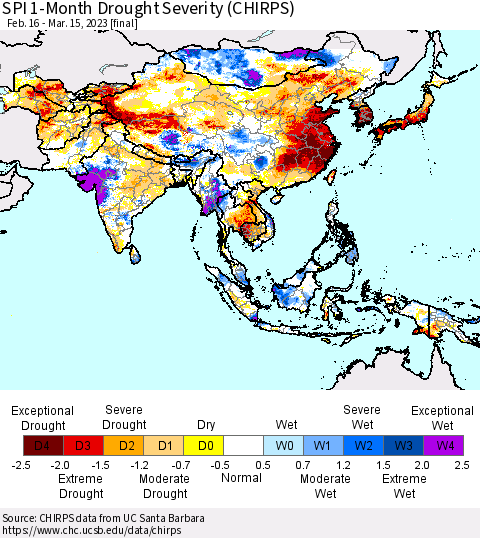 Asia SPI 1-Month Drought Severity (CHIRPS) Thematic Map For 2/16/2023 - 3/15/2023