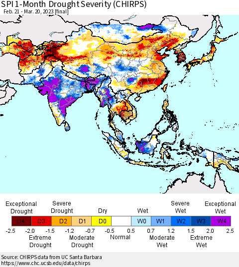 Asia SPI 1-Month Drought Severity (CHIRPS) Thematic Map For 2/21/2023 - 3/20/2023