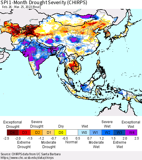 Asia SPI 1-Month Drought Severity (CHIRPS) Thematic Map For 2/26/2023 - 3/25/2023