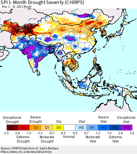 Asia SPI 1-Month Drought Severity (CHIRPS) Thematic Map For 3/1/2023 - 3/31/2023