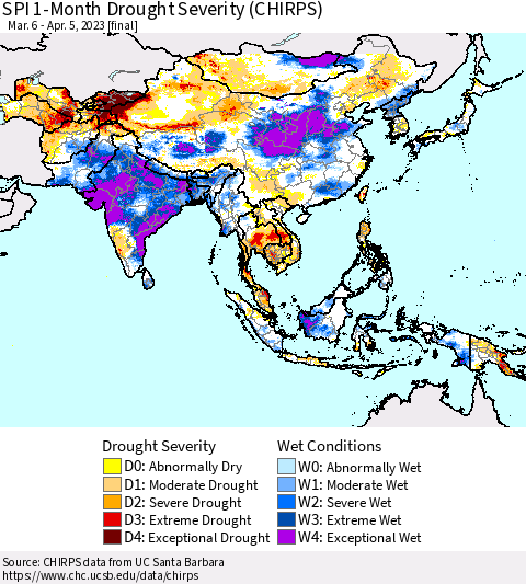 Asia SPI 1-Month Drought Severity (CHIRPS) Thematic Map For 3/6/2023 - 4/5/2023
