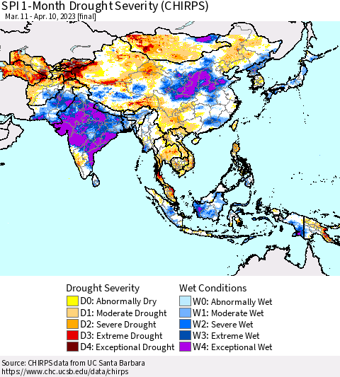 Asia SPI 1-Month Drought Severity (CHIRPS) Thematic Map For 3/11/2023 - 4/10/2023