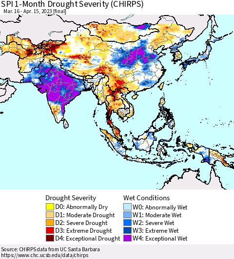 Asia SPI 1-Month Drought Severity (CHIRPS) Thematic Map For 3/16/2023 - 4/15/2023