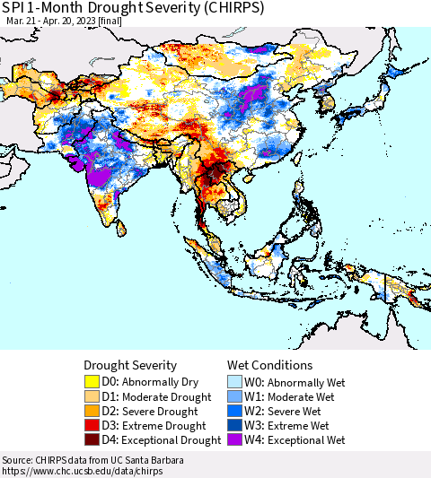 Asia SPI 1-Month Drought Severity (CHIRPS) Thematic Map For 3/21/2023 - 4/20/2023