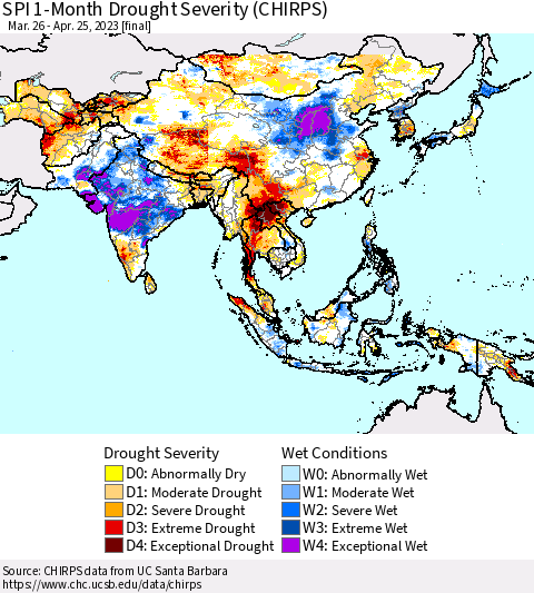 Asia SPI 1-Month Drought Severity (CHIRPS) Thematic Map For 3/26/2023 - 4/25/2023