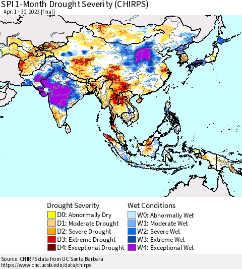 Asia SPI 1-Month Drought Severity (CHIRPS) Thematic Map For 4/1/2023 - 4/30/2023