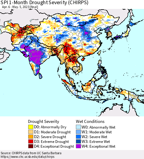 Asia SPI 1-Month Drought Severity (CHIRPS) Thematic Map For 4/6/2023 - 5/5/2023