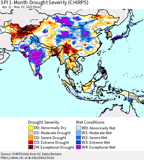 Asia SPI 1-Month Drought Severity (CHIRPS) Thematic Map For 4/11/2023 - 5/10/2023