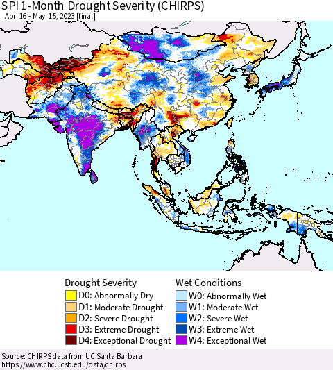 Asia SPI 1-Month Drought Severity (CHIRPS) Thematic Map For 4/16/2023 - 5/15/2023