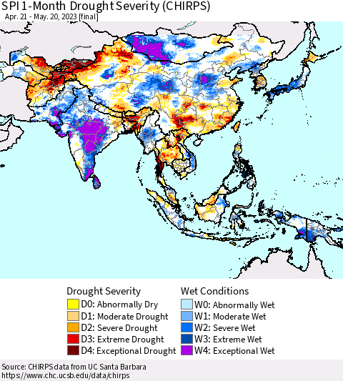 Asia SPI 1-Month Drought Severity (CHIRPS) Thematic Map For 4/21/2023 - 5/20/2023