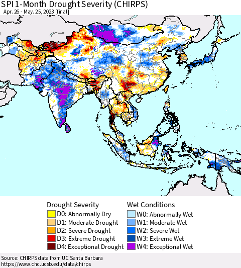 Asia SPI 1-Month Drought Severity (CHIRPS) Thematic Map For 4/26/2023 - 5/25/2023