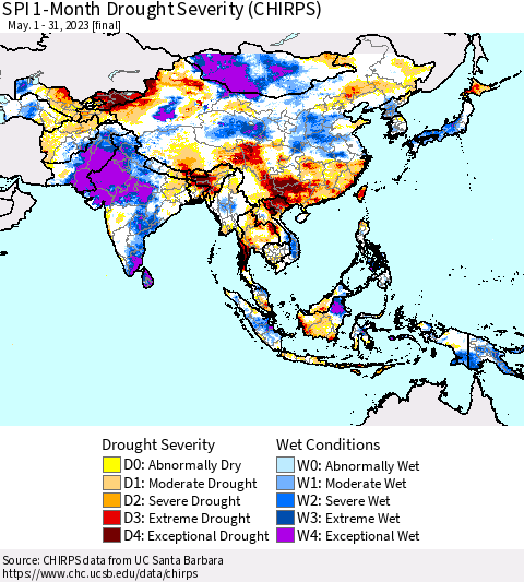 Asia SPI 1-Month Drought Severity (CHIRPS) Thematic Map For 5/1/2023 - 5/31/2023