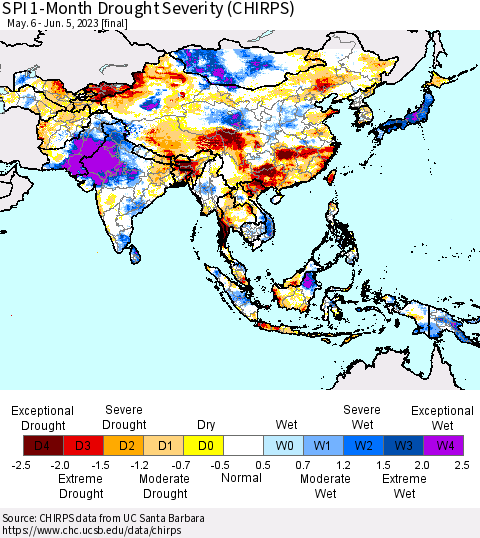 Asia SPI 1-Month Drought Severity (CHIRPS) Thematic Map For 5/6/2023 - 6/5/2023
