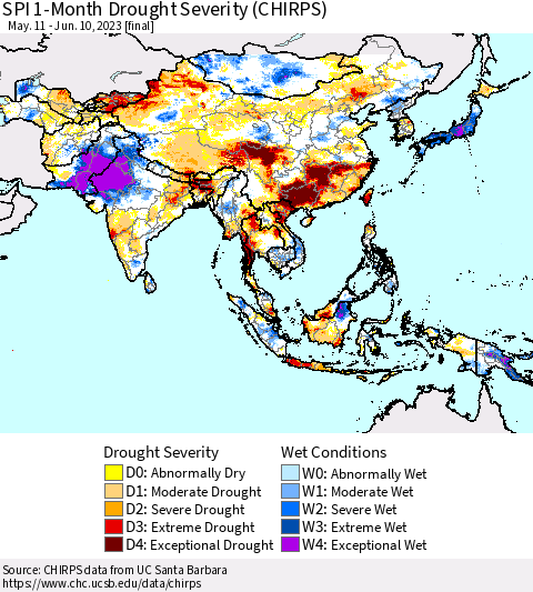 Asia SPI 1-Month Drought Severity (CHIRPS) Thematic Map For 5/11/2023 - 6/10/2023