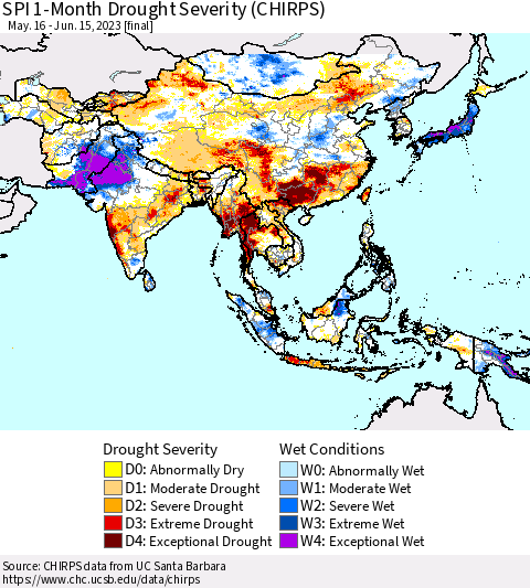 Asia SPI 1-Month Drought Severity (CHIRPS) Thematic Map For 5/16/2023 - 6/15/2023