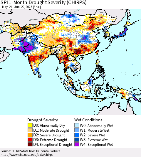Asia SPI 1-Month Drought Severity (CHIRPS) Thematic Map For 5/21/2023 - 6/20/2023