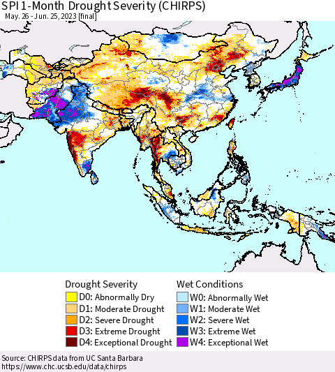 Asia SPI 1-Month Drought Severity (CHIRPS) Thematic Map For 5/26/2023 - 6/25/2023