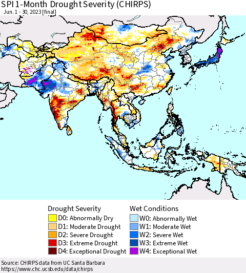 Asia SPI 1-Month Drought Severity (CHIRPS) Thematic Map For 6/1/2023 - 6/30/2023