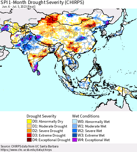 Asia SPI 1-Month Drought Severity (CHIRPS) Thematic Map For 6/6/2023 - 7/5/2023