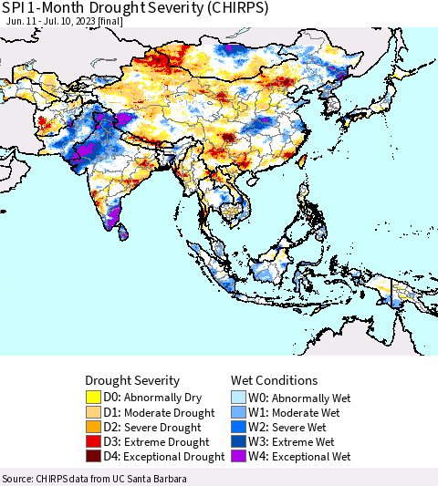 Asia SPI 1-Month Drought Severity (CHIRPS) Thematic Map For 6/11/2023 - 7/10/2023