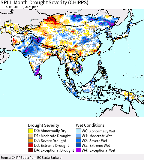 Asia SPI 1-Month Drought Severity (CHIRPS) Thematic Map For 6/16/2023 - 7/15/2023