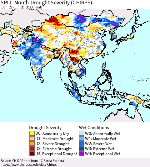 Asia SPI 1-Month Drought Severity (CHIRPS) Thematic Map For 6/21/2023 - 7/20/2023