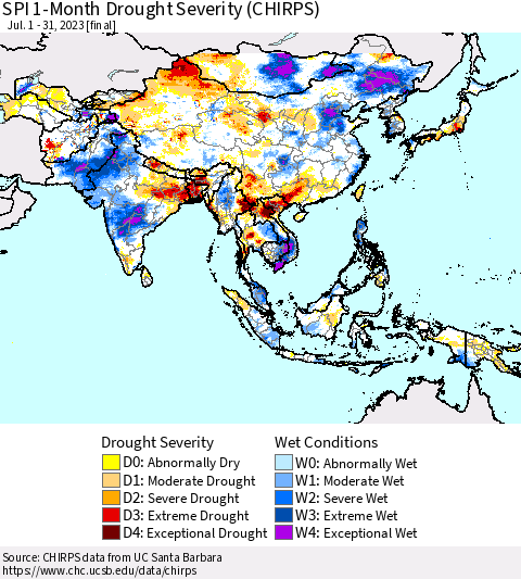 Asia SPI 1-Month Drought Severity (CHIRPS) Thematic Map For 7/1/2023 - 7/31/2023