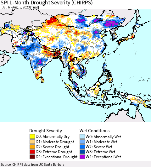 Asia SPI 1-Month Drought Severity (CHIRPS) Thematic Map For 7/6/2023 - 8/5/2023