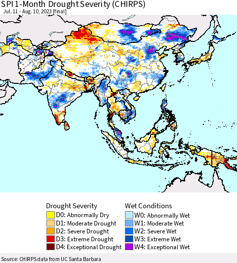 Asia SPI 1-Month Drought Severity (CHIRPS) Thematic Map For 7/11/2023 - 8/10/2023