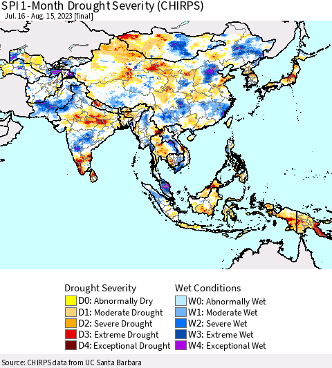 Asia SPI 1-Month Drought Severity (CHIRPS) Thematic Map For 7/16/2023 - 8/15/2023