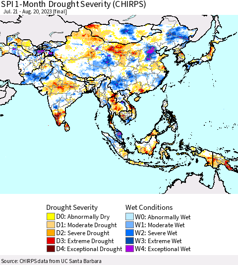 Asia SPI 1-Month Drought Severity (CHIRPS) Thematic Map For 7/21/2023 - 8/20/2023