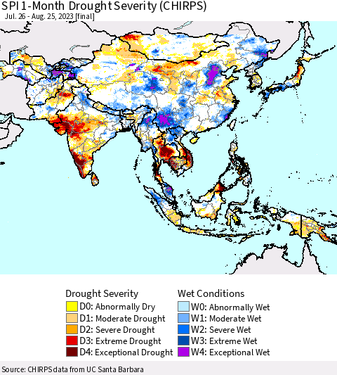 Asia SPI 1-Month Drought Severity (CHIRPS) Thematic Map For 7/26/2023 - 8/25/2023