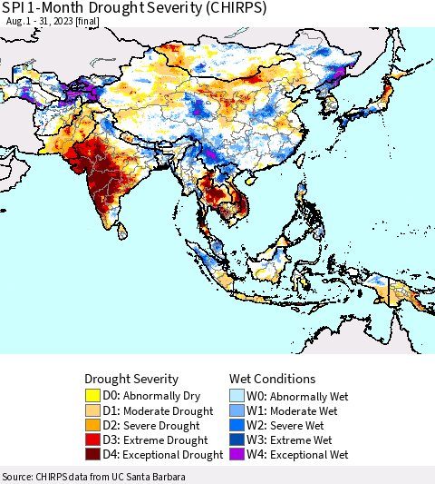 Asia SPI 1-Month Drought Severity (CHIRPS) Thematic Map For 8/1/2023 - 8/31/2023
