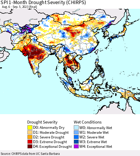 Asia SPI 1-Month Drought Severity (CHIRPS) Thematic Map For 8/6/2023 - 9/5/2023