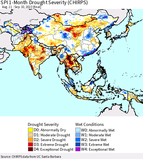 Asia SPI 1-Month Drought Severity (CHIRPS) Thematic Map For 8/11/2023 - 9/10/2023