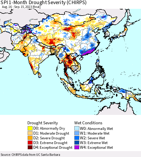 Asia SPI 1-Month Drought Severity (CHIRPS) Thematic Map For 8/16/2023 - 9/15/2023