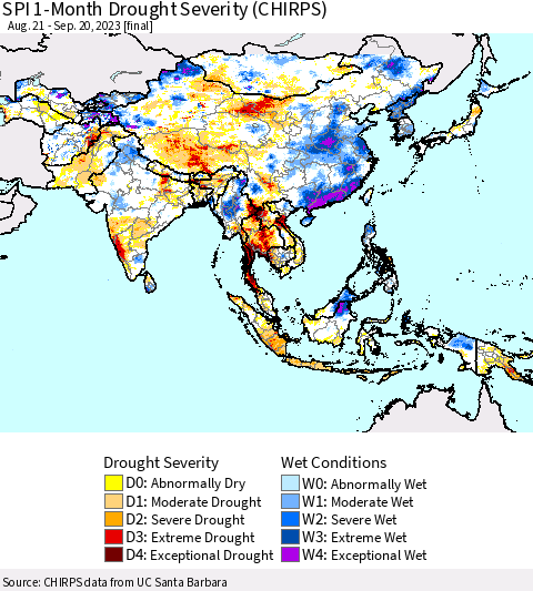 Asia SPI 1-Month Drought Severity (CHIRPS) Thematic Map For 8/21/2023 - 9/20/2023
