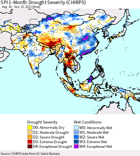 Asia SPI 1-Month Drought Severity (CHIRPS) Thematic Map For 8/26/2023 - 9/25/2023
