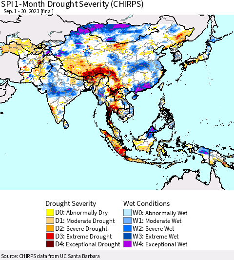 Asia SPI 1-Month Drought Severity (CHIRPS) Thematic Map For 9/1/2023 - 9/30/2023