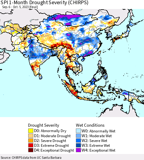 Asia SPI 1-Month Drought Severity (CHIRPS) Thematic Map For 9/6/2023 - 10/5/2023