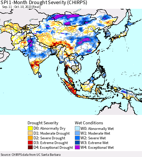 Asia SPI 1-Month Drought Severity (CHIRPS) Thematic Map For 9/11/2023 - 10/10/2023