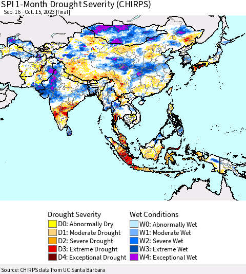 Asia SPI 1-Month Drought Severity (CHIRPS) Thematic Map For 9/16/2023 - 10/15/2023