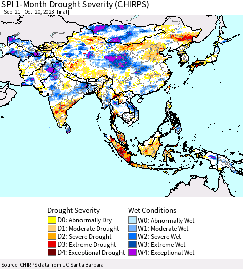 Asia SPI 1-Month Drought Severity (CHIRPS) Thematic Map For 9/21/2023 - 10/20/2023