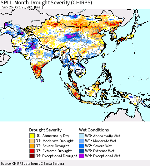 Asia SPI 1-Month Drought Severity (CHIRPS) Thematic Map For 9/26/2023 - 10/25/2023