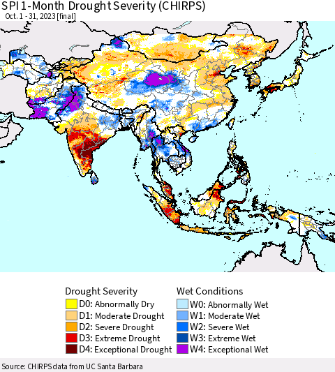 Asia SPI 1-Month Drought Severity (CHIRPS) Thematic Map For 10/1/2023 - 10/31/2023