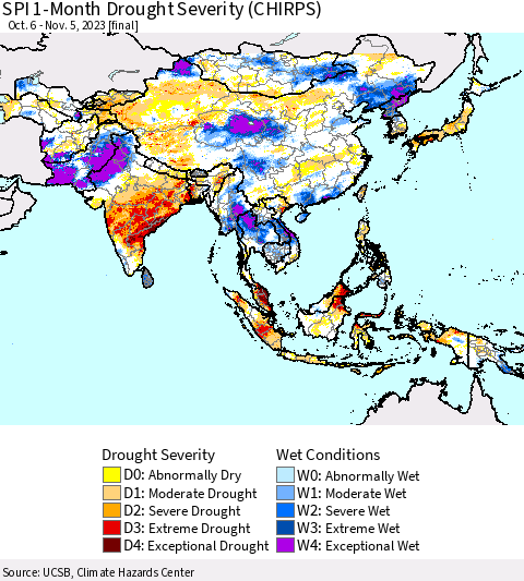 Asia SPI 1-Month Drought Severity (CHIRPS) Thematic Map For 10/6/2023 - 11/5/2023
