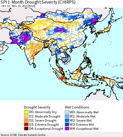 Asia SPI 1-Month Drought Severity (CHIRPS) Thematic Map For 10/11/2023 - 11/10/2023